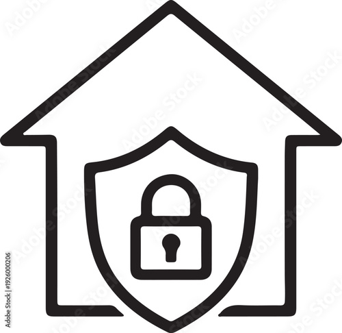 Home security icon, house protection symbol, shield and padlock over dwelling, property safety graphic, residential insurance sign, locked house vector illustration, smart home system element