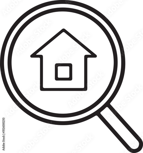 House search icon, home finding symbol, magnifying glass over residential property, real estate market analysis, dwelling search graphic, property investigation sign, online housing platform vector