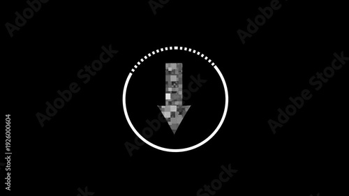 Pixelated Down Arrow Inside Circular Progress Indicator on Black Background loading