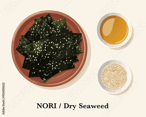 Nori Dry Seaweed Illustration With Sesame Seeds sesame oil and Soy Sauce Bowl Asian Food Flat Design
