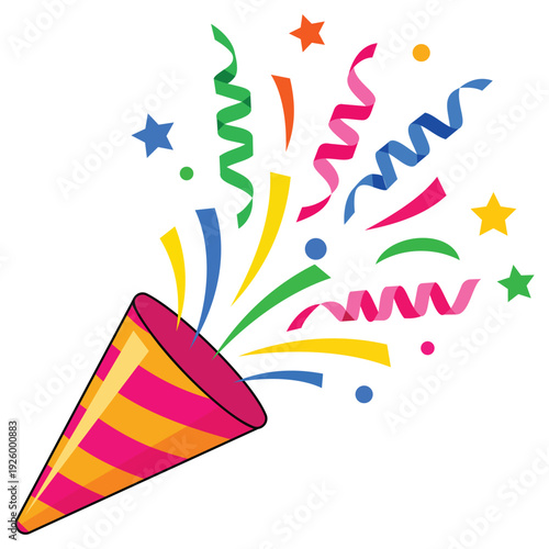 Celebration Burst: A vibrant party popper erupts with colorful streamers and confetti, symbolizing joy and festive occasions.