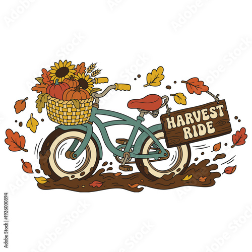 Vintage Bicycle with Pumpkin and Sunflower Basket Harvest Season Illustration