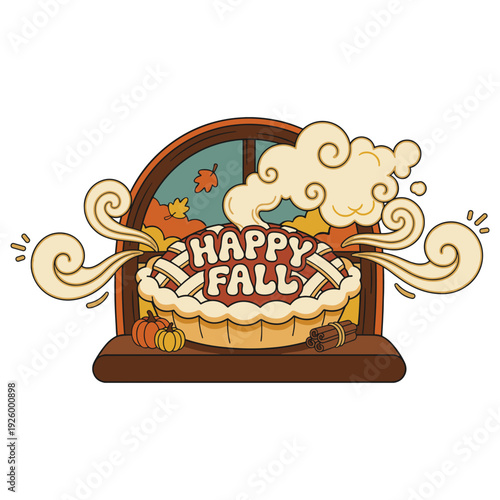 Retro Pumpkin Pie with Happy Fall Text Cooling on Autumn Window Sill