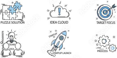 Conceptual Startup Icons: A collection of illustrative icons representing key stages and elements of a startup venture, from initial ideas and teamwork to target focus and the process.