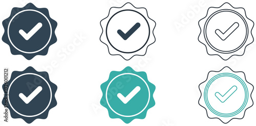 Verification Badges Set: A collection of various verification badges, featuring a checkmark symbol within a circular frame, perfect for signaling authenticity and reliability.