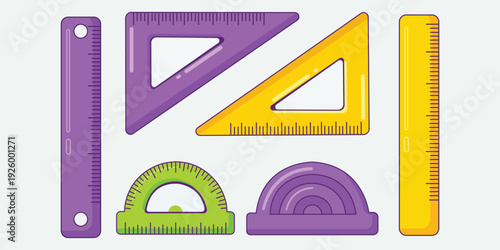 Geometric Precision: A collection of vibrant geometrical tools, including rulers and protractors, meticulously arranged against a backdrop.