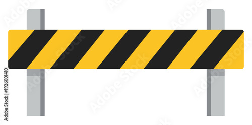 Road Barrier Illustration: A flat, graphic illustration of a road barrier, featuring alternating yellow and black stripes, typically used to indicate caution or a restricted area.