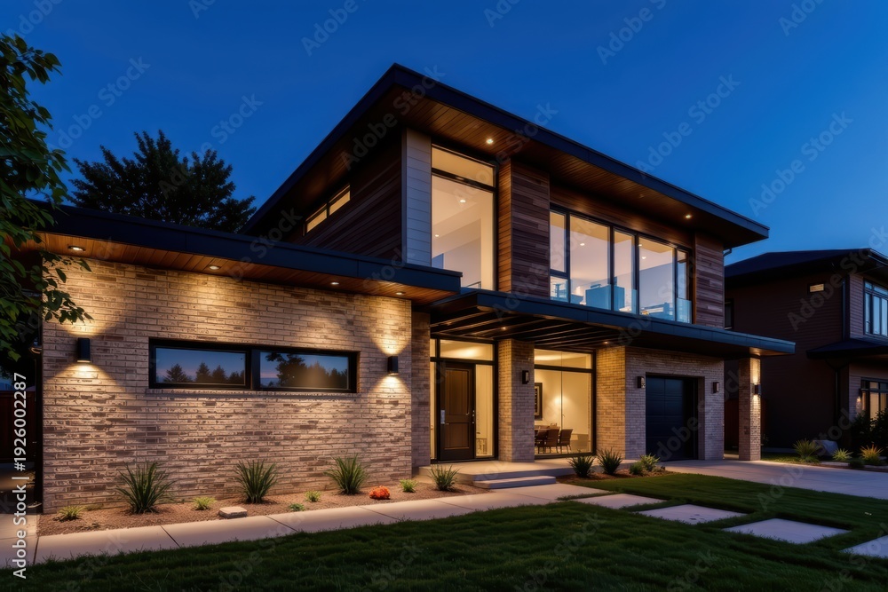 Fototapeta premium Modern two-story house with stone facade and large windows illuminated at dusk.