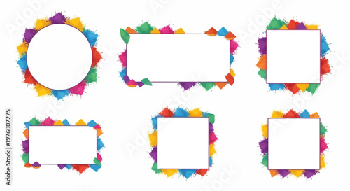 Colorful Holi Festival themed frames and borders in various shapes and sizes for decoration and design on a white background