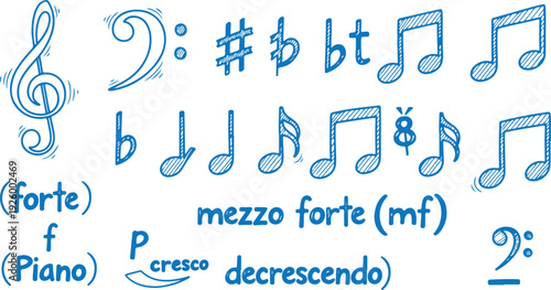 Musical notes stave line pattern symbols icon for staff and music note theme Transparent background wave Piano, jazz sound notes Fun vector key sign Classic clef Doodle