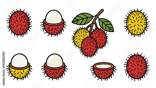 Rambutan Icons Set Whole Peeled Yellow Red Fruit