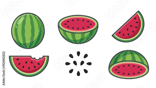 Watermelon Fruit Icon Set With Whole And Sliced Pieces