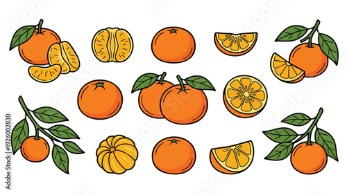 Tangerine Fruit Icon Set With Whole And Sliced Citrus