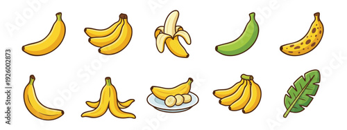 Banana Icons Set Cartoon Style Whole Peeled and Sliced Bananas Illustration