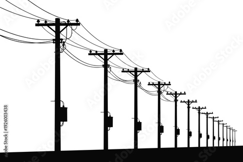 Black silhouette of a long row of utility poles with electrical power lines and transformers stretching into the distance isolated on white background