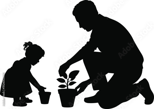 Father and daughter planting tree silhouette vector illustration, parent teaching child gardening with potted plant isolated on white background