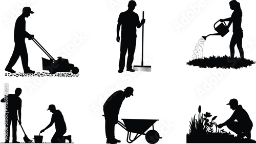 Garden work silhouettes vector set, people mowing lawn, raking leaves, watering plants and planting isolated on white background illustration
