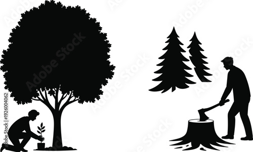Tree planting and deforestation silhouettes vector set, man planting sapling and lumberjack cutting tree stump isolated on white background illustration