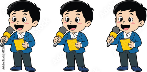 A cartoon illustration of a young Asian boy speaker in a blue blazer and white collared shirt, standing against a plain white background