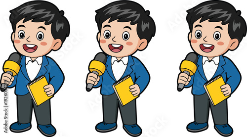 A cartoon illustration of a young Asian boy speaker in a blue blazer and white collared shirt, standing against a plain white background