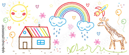 Kids drawing banner. Horizontal colorful crayon doodle sketch with rainbow sun house and giraffe. Childish hand drawn style illustration for kindergarten and nursery school background.