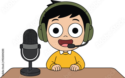 A cartoon illustration of a young Asian boy with large round white eyes and black hair, wearing a yellow sweater and olive green headphones with a microphone headset.