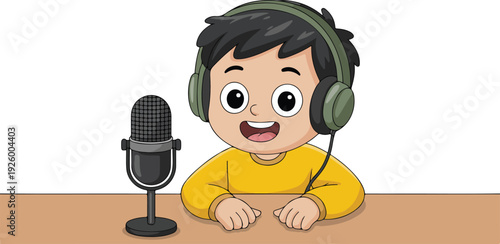 A cartoon illustration of a young Asian boy with large round white eyes and black hair, wearing a yellow sweater and olive green headphones with a microphone headset.