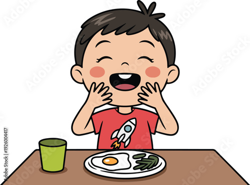 A cartoon illustration of a young boy with black hair and rosy cheeks sitting at a brown table, expressing extreme joy with hands covering his face and a wide-open mouth showing excitement.