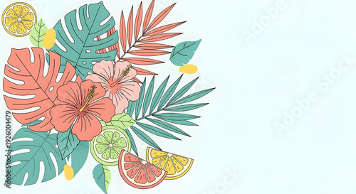 Wallpaper Mural Modern botanical summer design with hand drawn leaves and flowers, clean composition and neutral background for invitation template. Torontodigital.ca