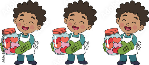 A cartoon illustration of a young boy with dark curly hair wearing a white apron and teal-colored clothing