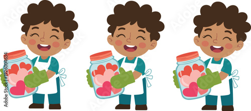 A cartoon illustration of a young boy with dark curly hair wearing a white apron and teal-colored clothing