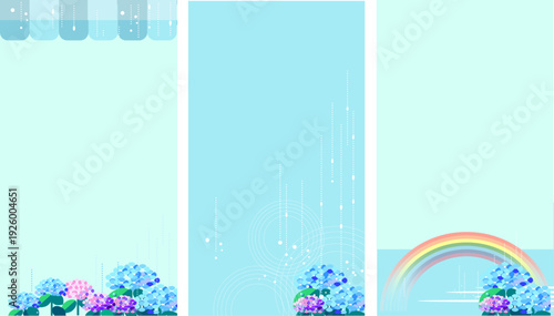 あじさいと雨の背景イラストセット 梅雨のイメージ 虹と波紋のフレーム 縦長