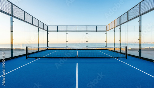 Modern Padel Court by the Sea at Golden Hour with Glass Walls and Blue Surface