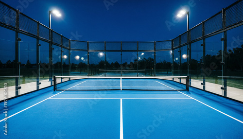 Illuminated Padel Court at Night with LED Lights and Glass Walls – Modern Outdoor Paddle Tennis Sports Facility