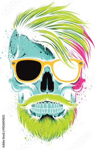 Creative Neon Pop Art Illustration of a Hipster Skull with Stylish Hair Beard and Yellow Sunglasses Isolated on White Background for Urban Fashion Poster