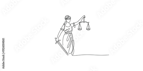 Minimalist line art illustration of lady justice holding scales and a sword on a white background.