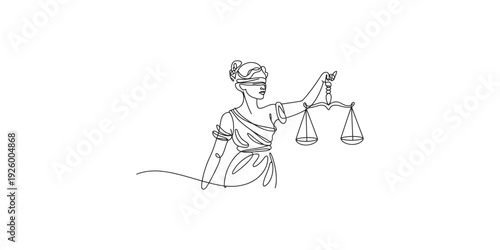 Minimalist line drawing of lady justice holding scales of balance on a white background
