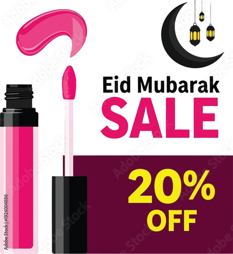 Eid Mubarak Sale Banner with Pink Lip Gloss and 20 Percent Discount Offer for Cosmetics Promotion