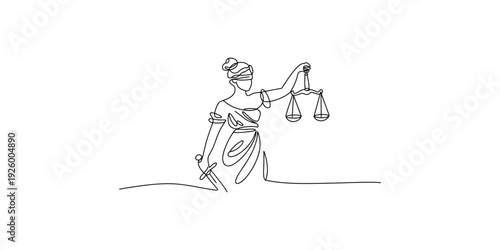 Minimalist line art illustration of lady justice holding scales and a sword on a white background.