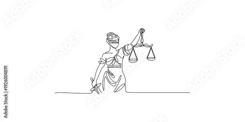 Minimalist continuous line drawing of lady justice holding scales and sword on white background