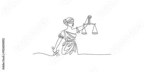Minimalist continuous line drawing of lady justice holding scales and a sword on white background
