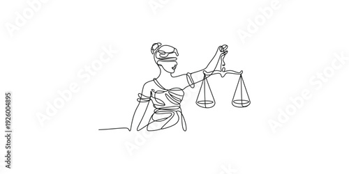 Lady justice blindfolded holding scales of balance in a simple line art illustration