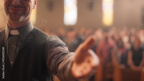 Torso-level shot of pastor extending a welcoming gesture