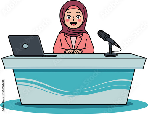 A cartoon illustration of a news desk setup with a light blue desk and a turquoise wavy pattern on its base.