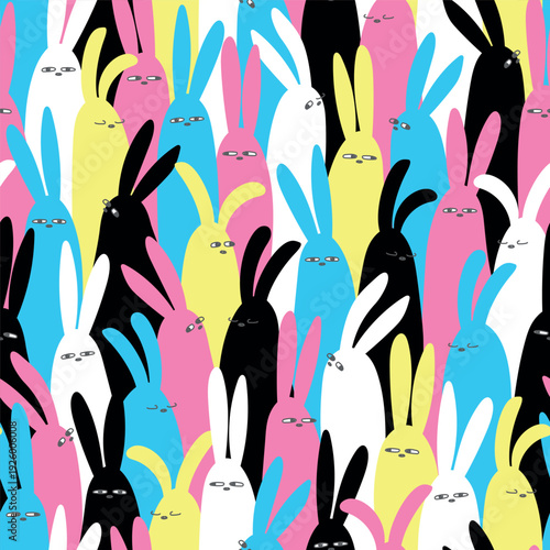 Seamless pattern with rabbits in CMYK colors. Hand drawn cartoon flat style hare background. Happy Easter print. Cute spring card flock of bunny. Chinese New Year symbol. Vector simple Illustration