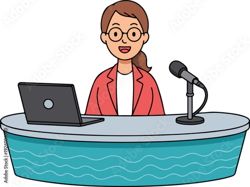 A simple cartoon illustration of a young Asian boy behind a podium, wearing a navy blue suit with a yellow tie.