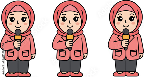 A cartoon illustration of a news reporter in a pink hijab and matching pink blazer with two front pockets.