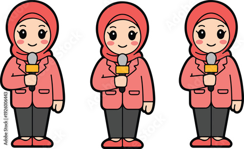 A cartoon illustration of a news reporter in a pink hijab and matching pink blazer with two front pockets.