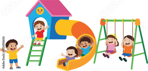 A cartoon illustration of a playground scene with a blue and pink playhouse structure