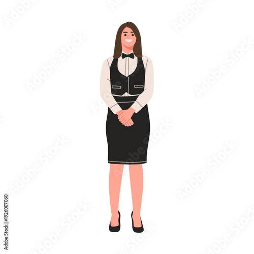 vector illustration of female waiters wearing formal black and white uniforms with bow ties. Perfect for restaurant service, hospitality industry, catering staff, fine dining, customer service